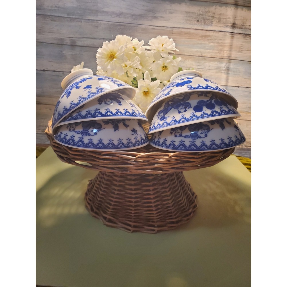 Set of 6 Blue White Porcelain Rice Soup Bowls Asian Style - Picture 4 of 5